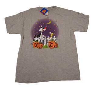 Sylvester Tweety Bird Halloween Scene T-Shirt Gray Short Sleeve Size Large NWT